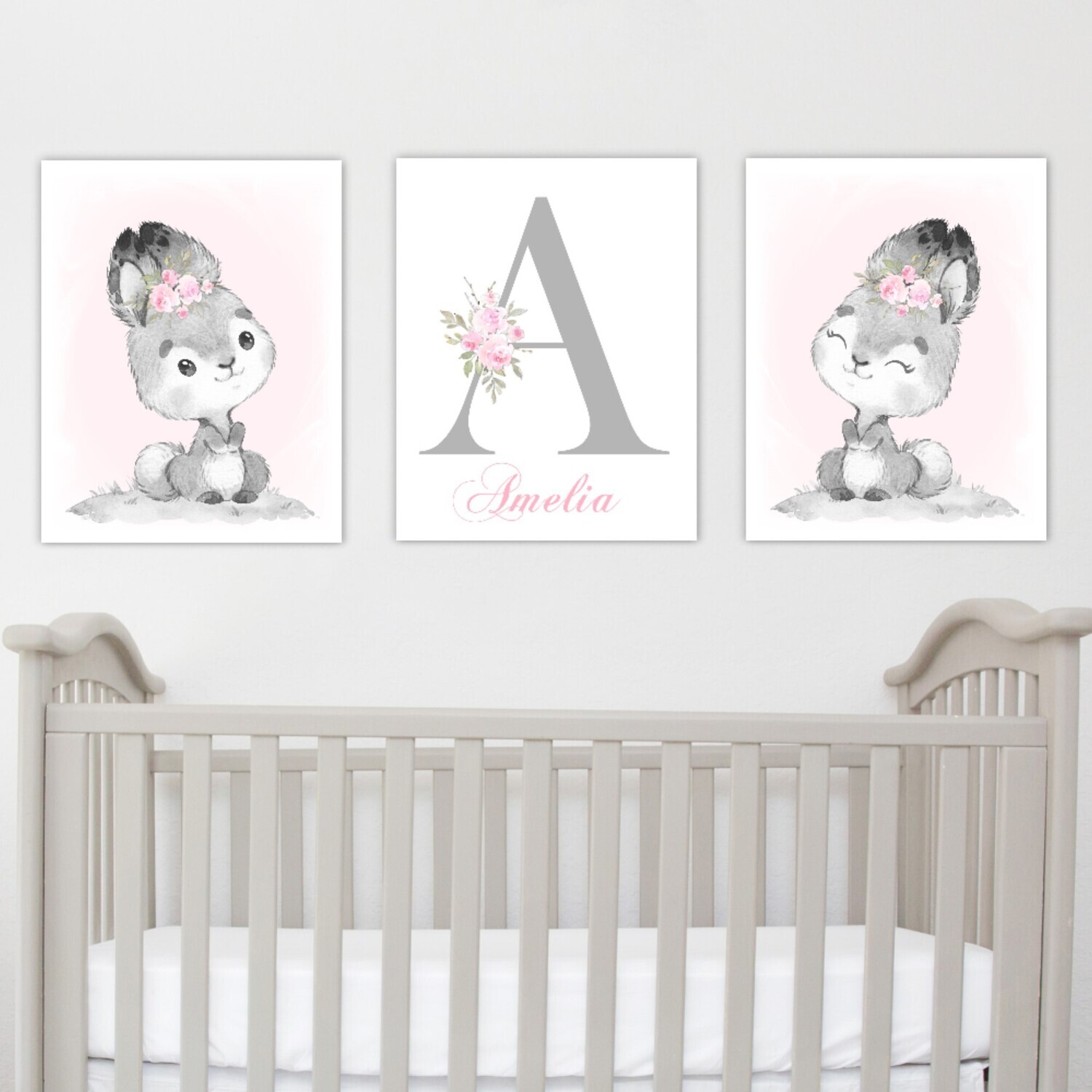 Personalized Bunny Rabbit Baby Girl Nursery Wall Art Canvas Wall Pink Floral Set of 3 Unframed Prints