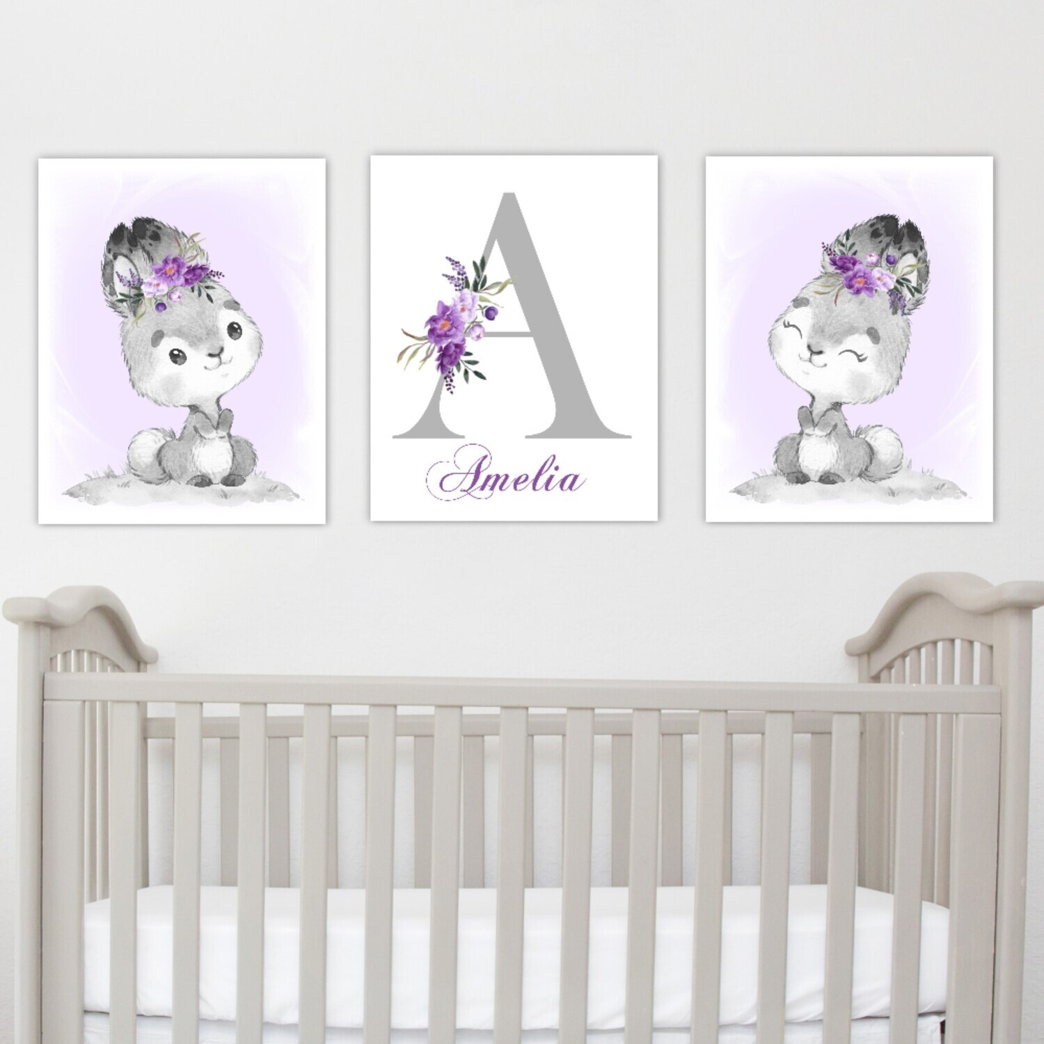 Personalized Bunny Rabbit Baby Girl Nursery Wall Art Canvas Wall Purple Floral Set of 3 Unframed Prints