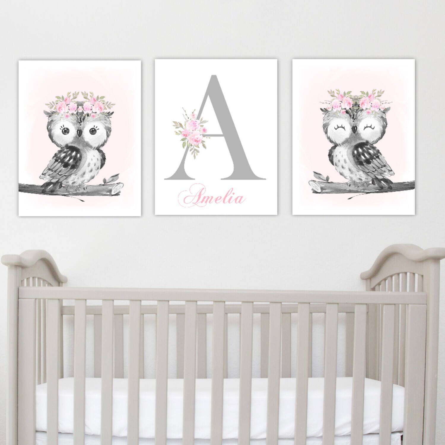 Personalized Owl Baby Girl Nursery Wall Art Canvas Wall Pink Floral Set of 3 Unframed Prints