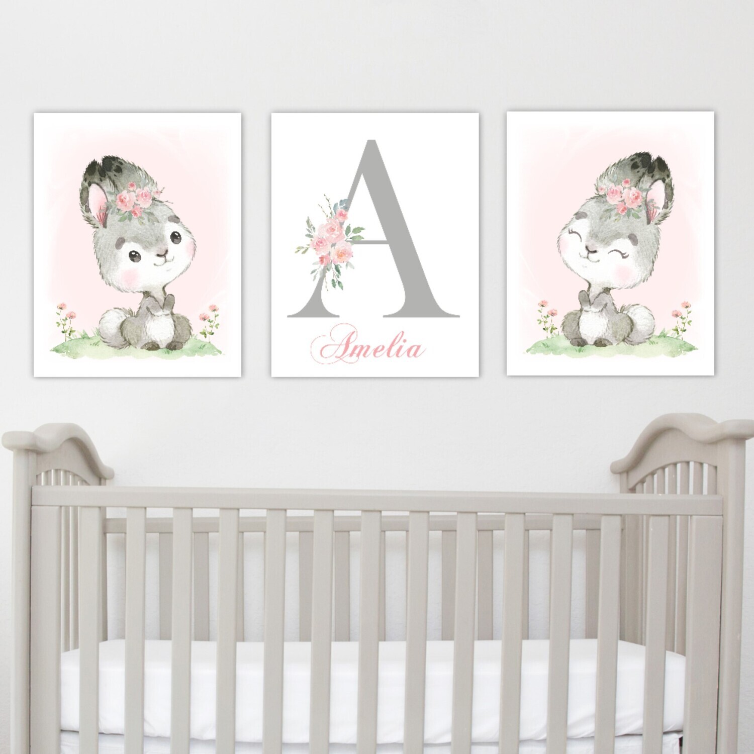 Personalized Bunny Rabbit Baby Girl Nursery Wall Art Canvas Wall Pink Blush Floral Set of 3 Unframed Prints