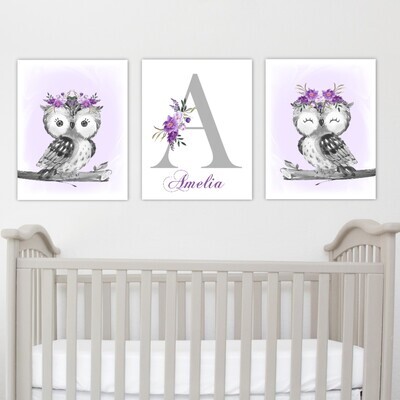 Personalized Owl Baby Girl Nursery Wall Art Canvas Wall Purple Floral Set of 3 Unframed Prints