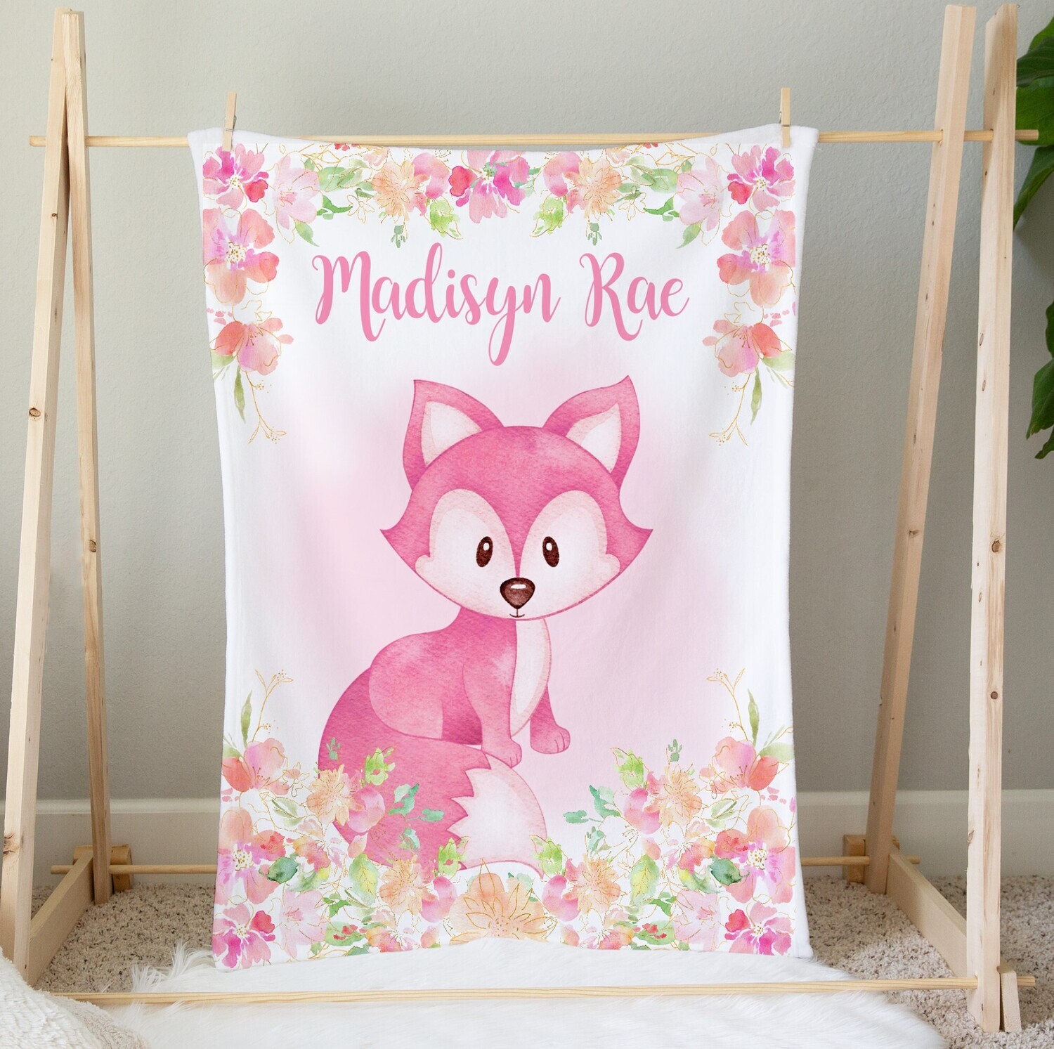 Personalized Baby Girl Blanket Fox Floral Woodland Animal Blanket Girls Bedroom Throw Tummy Time Baby Shower Gift