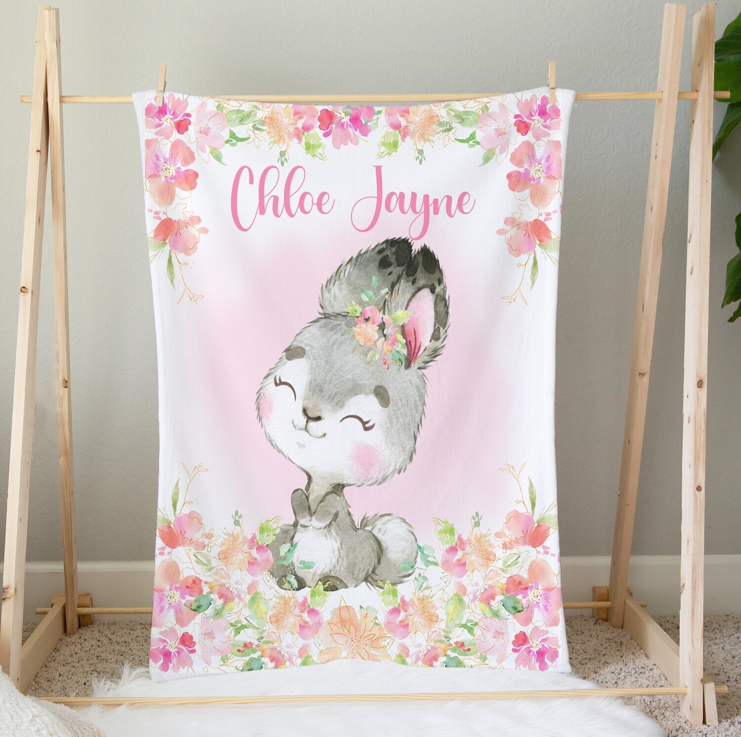 Personalized Baby Girl Blanket Bunny Rabbit Floral Blanket Girls Bedroom Throw Tummy Time Baby Shower Gift
