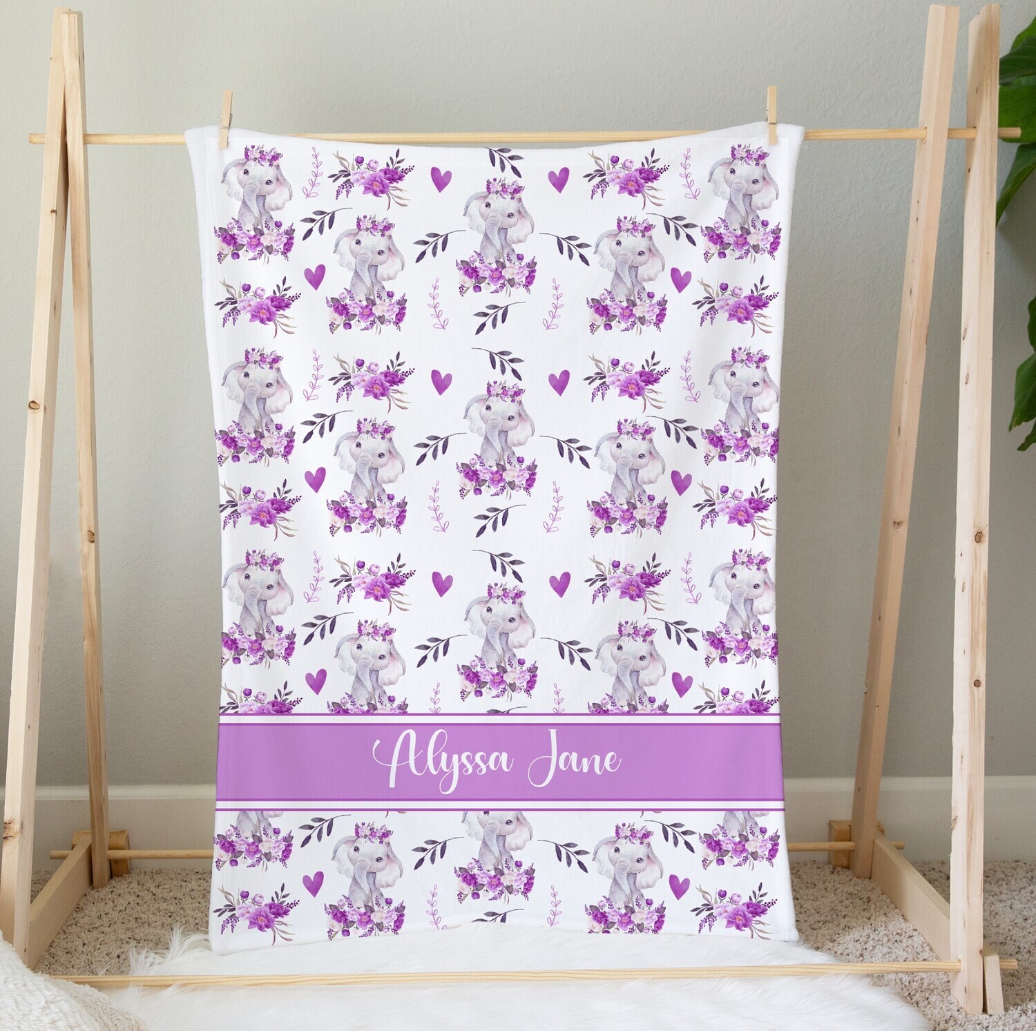 Personalized Baby Girl Blanket Elephant Purple Floral Blanket Girls Bedroom Throw Tummy Time Baby Shower Gift