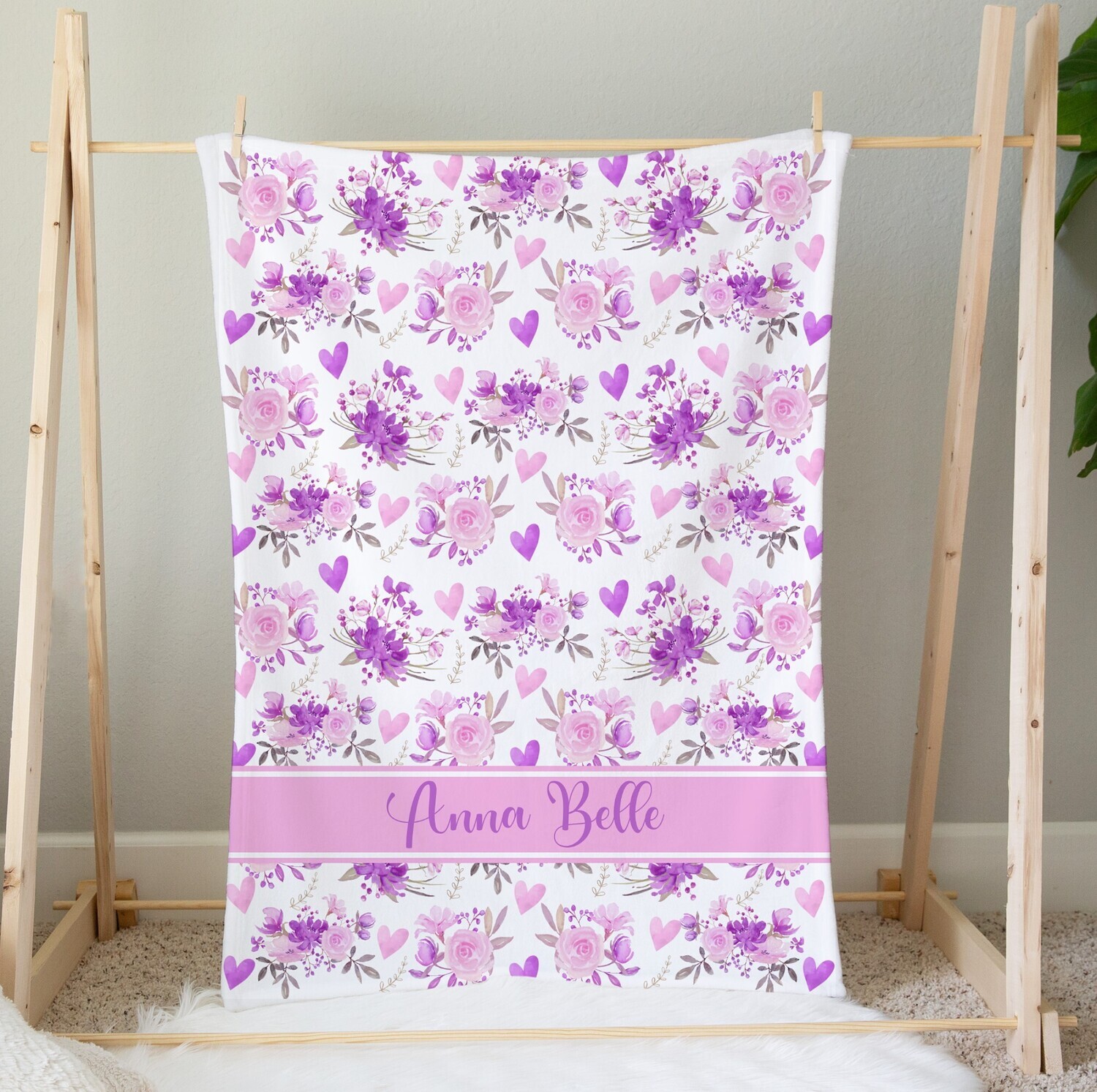 Personalized Baby Girl Blanket Pink Purple Floral Blanket Girls Bedroom Throw Tummy Time Baby Shower Gift