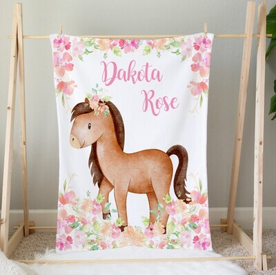 Personalized Baby Girl Blanket Pink Floral Horse Blanket Girls Bedroom Throw Tummy Time Baby Shower Gift