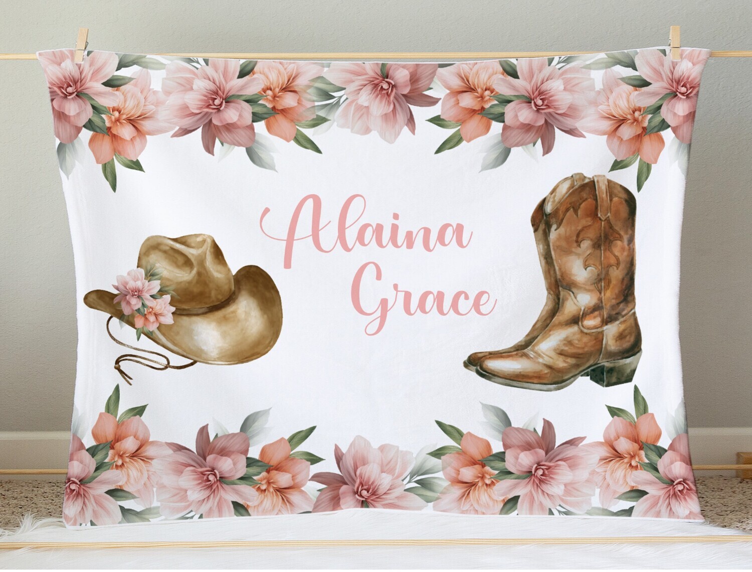 Personalized Baby Girl Blanket Western Pink Floral Cowboy Boots Hat Blanket Girls Bedroom Throw Tummy Time Baby Shower Gift