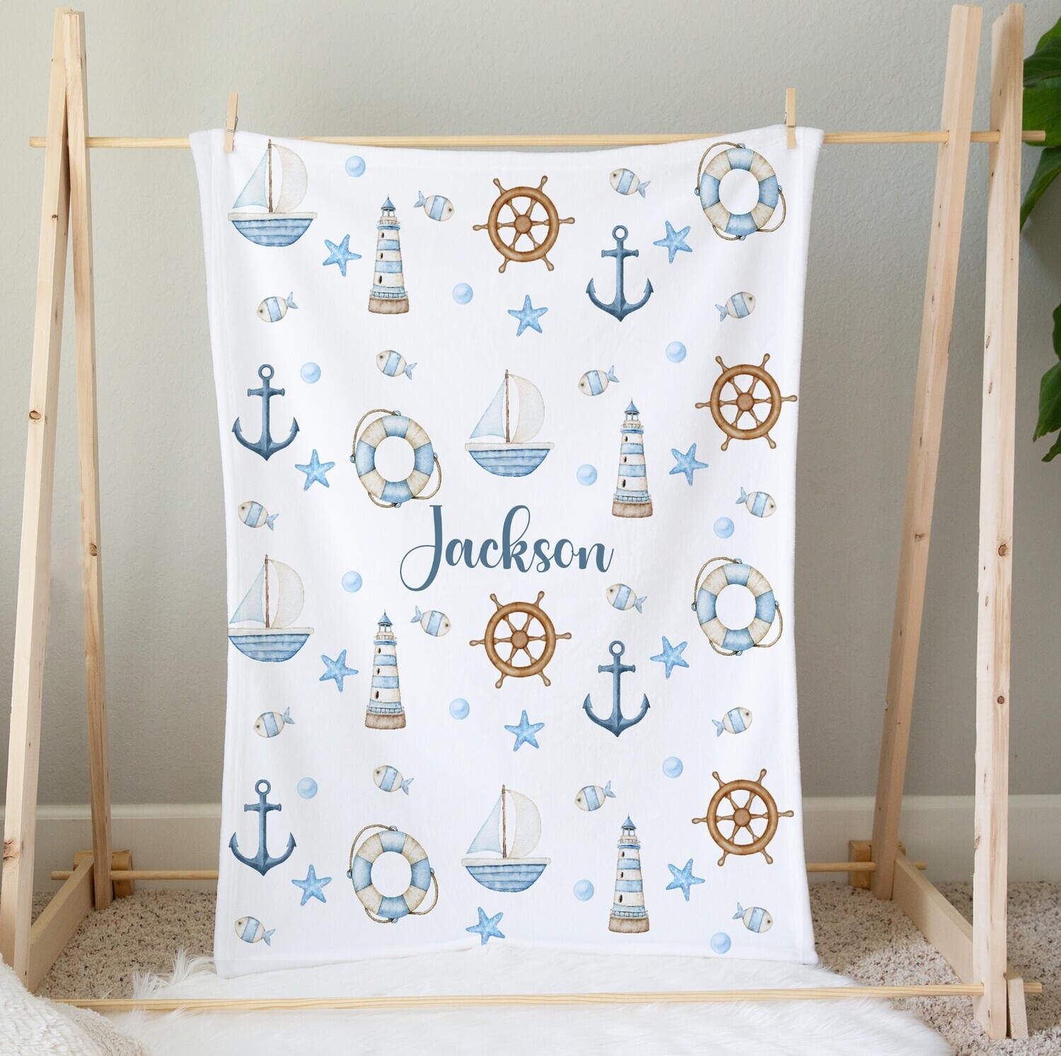 Personalized Baby Boy Blanket Nautical Blanket Kids Bedroom Tummy Time Baby Shower Gift