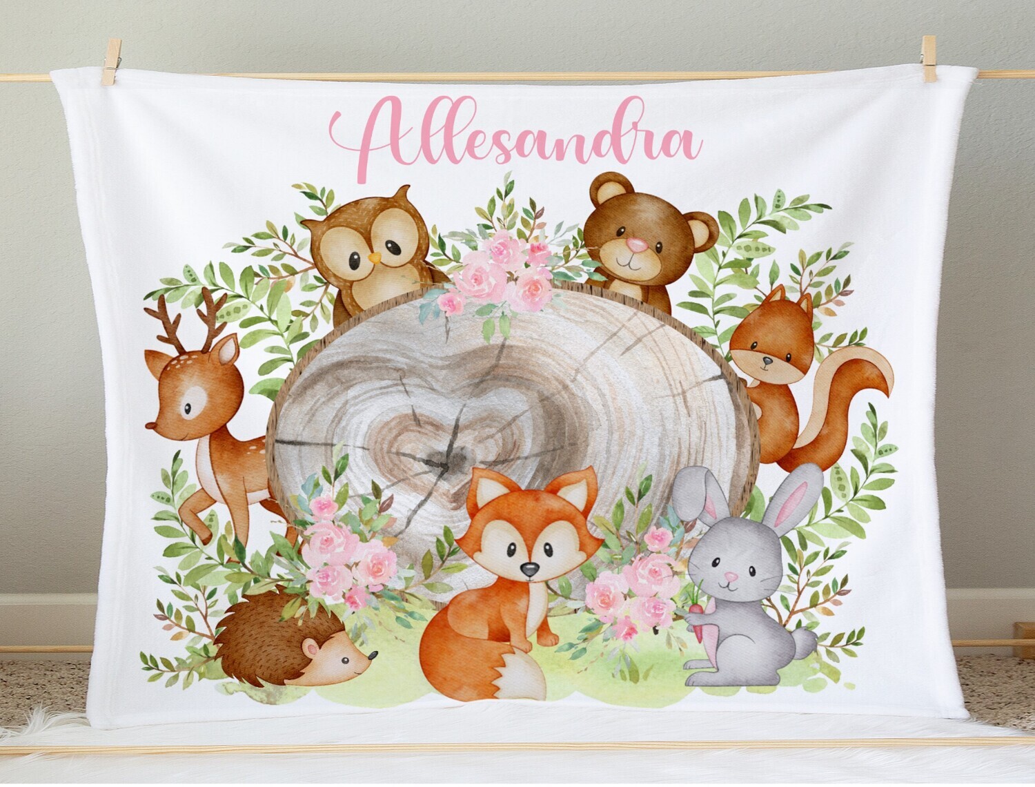 Personalized Baby Girl Blanket Fox Woodland Animals Blanket Girls Bedroom Throw Tummy Time Baby Shower Gift
