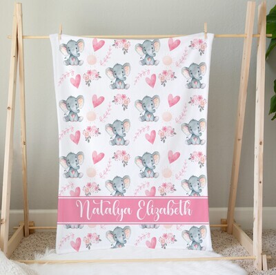 Personalized Baby Girl Blanket Pink Floral Elephant Bedroom Throw Tummy Time Baby Shower Gift