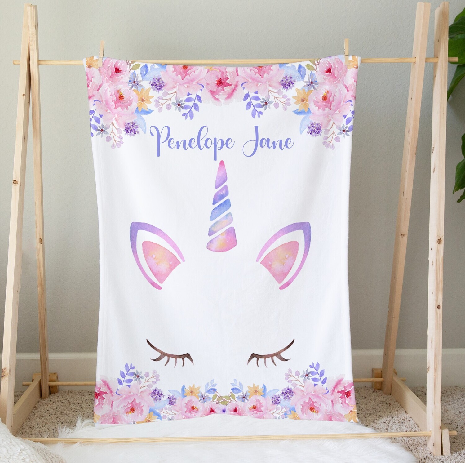 Personalized Baby Girl Blanket Unicorn Floral Blanket Girls Bedroom Throw Tummy Time Baby Shower Gift