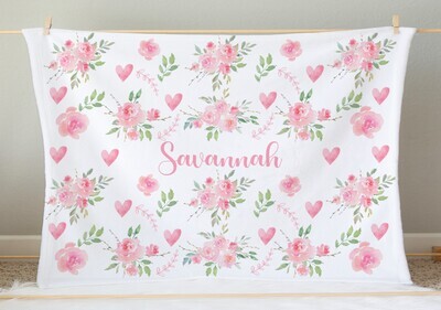 Personalized Baby Girl Blanket Pink Floral Blanket Girls Bedroom Throw Tummy Time Baby Shower Gift