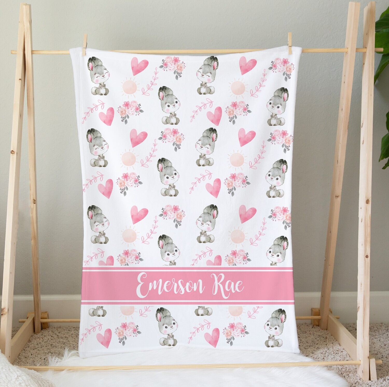 Personalized Baby Girl Blanket Pink Floral Bunny Rabbit Bedroom Throw Tummy Time Baby Shower Gift