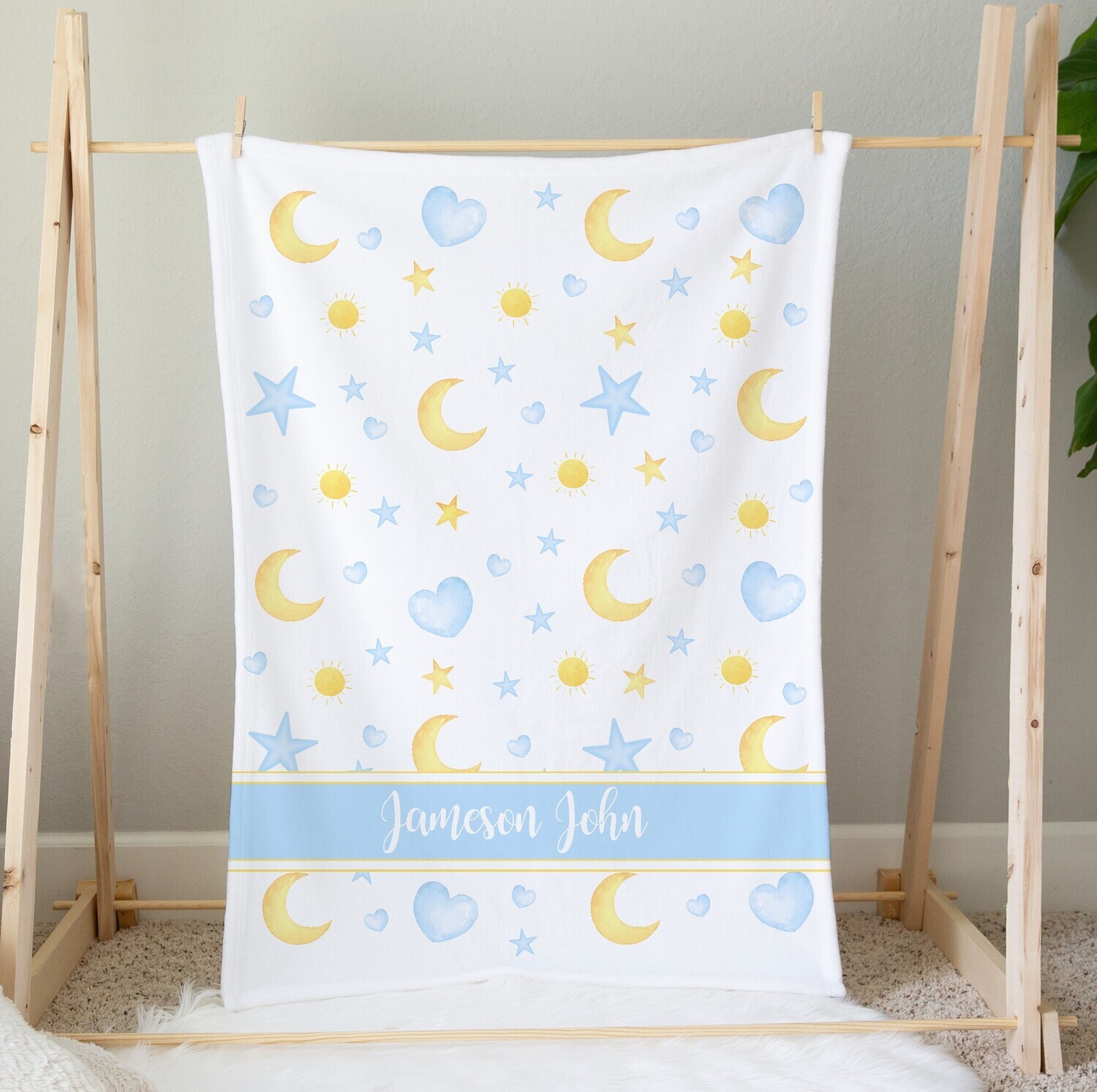 Personalized Baby Boy Blanket Moon Stars Blue Yellow Tummy Time Baby Shower Gift