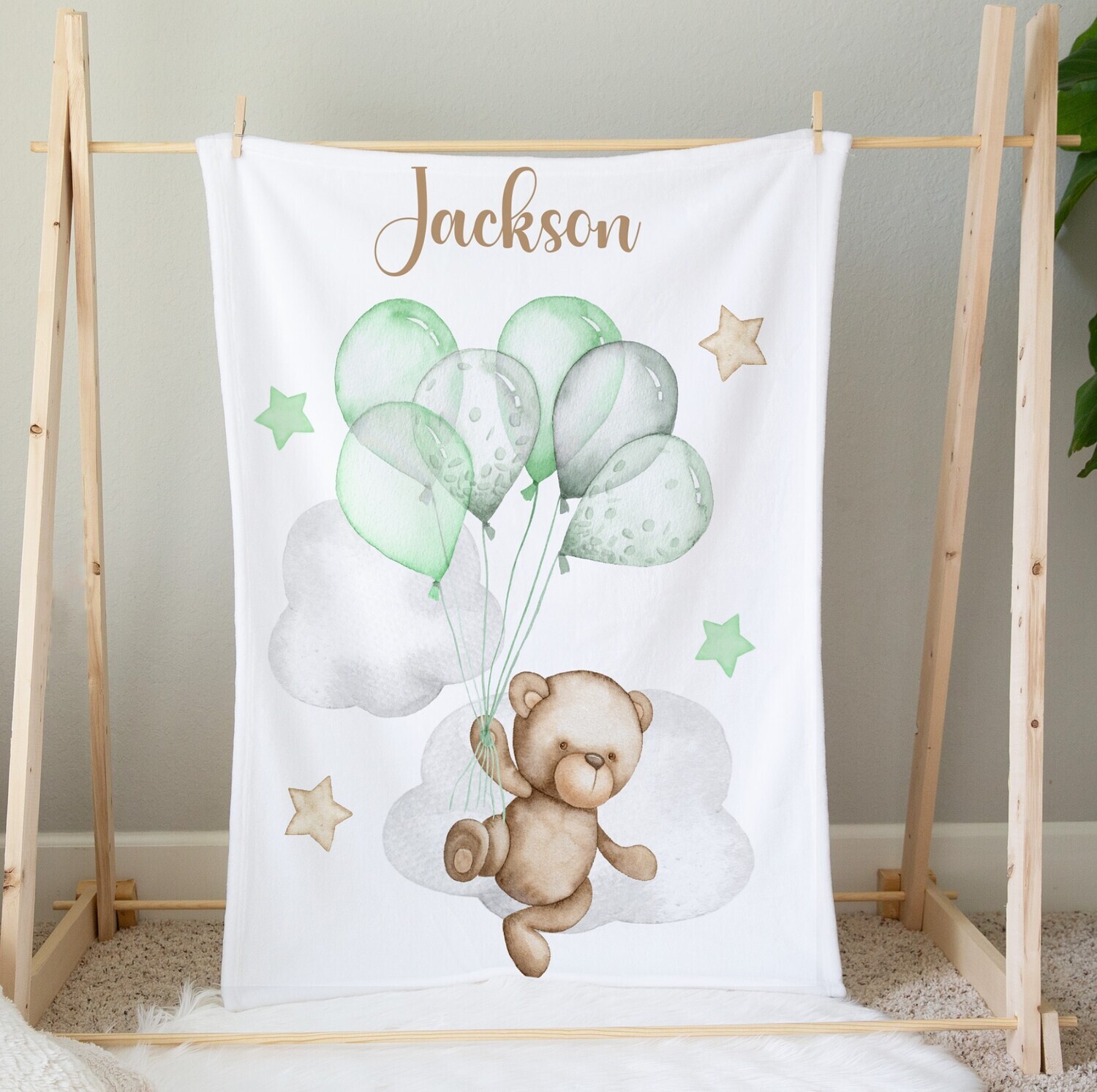 Personalized Baby Boy Blanket Teddy Bear Balloons Blanket Kids Bedroom Tummy Time Baby Shower Gift