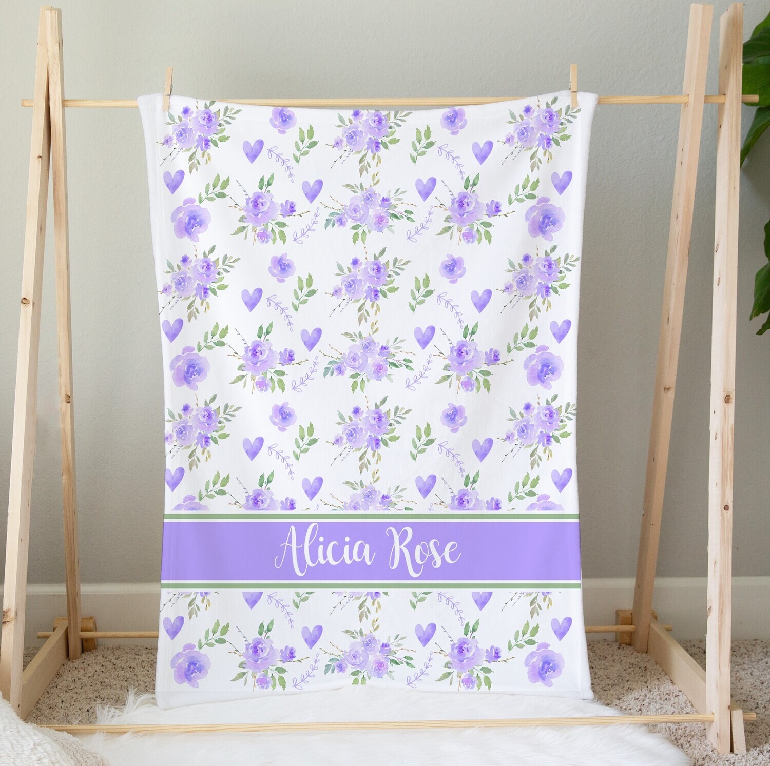 Personalized Baby Girl Blanket Purple Floral Flower Bedroom Throw Tummy Time Baby Shower Gift