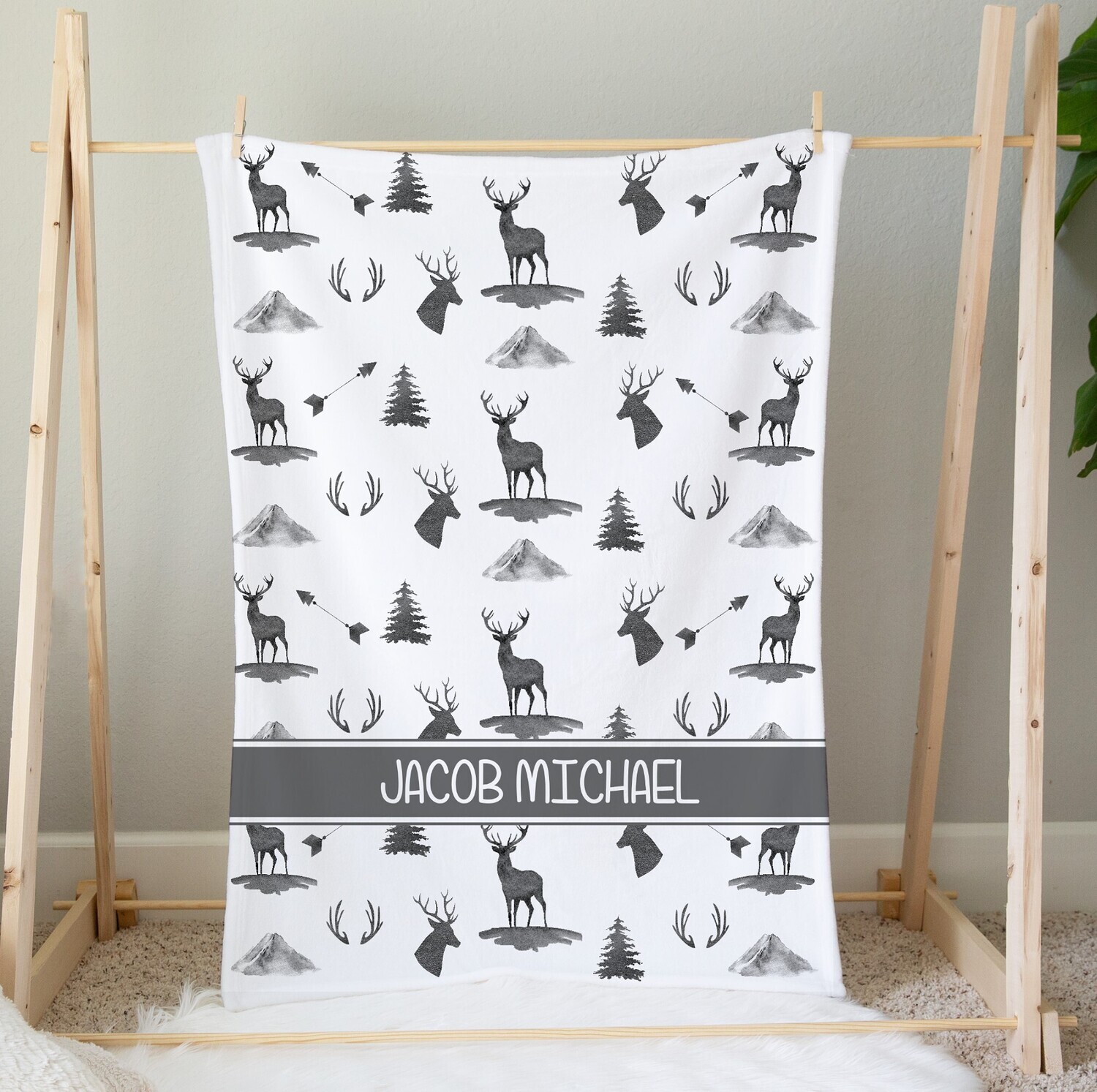 Personalized Baby Boy Blanket Deer Mountains Blanket Kids Bedroom Tummy Time Baby Shower Gift