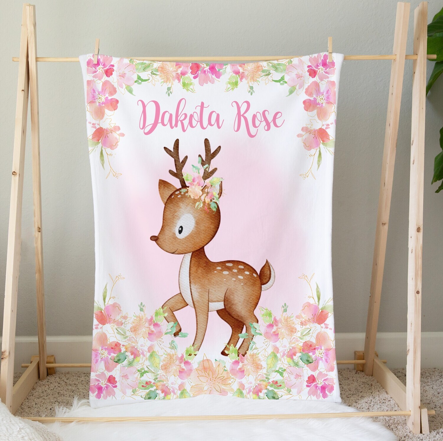 Personalized Baby Girl Blanket Deer Floral Blanket Girls Bedroom Throw Tummy Time Baby Shower Gift