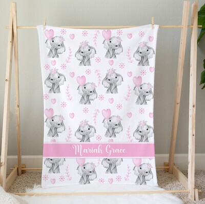 Personalized Baby Girl Blanket Pink Floral Elephant Blanket Girls Bedroom Throw Tummy Time Baby Shower Gift