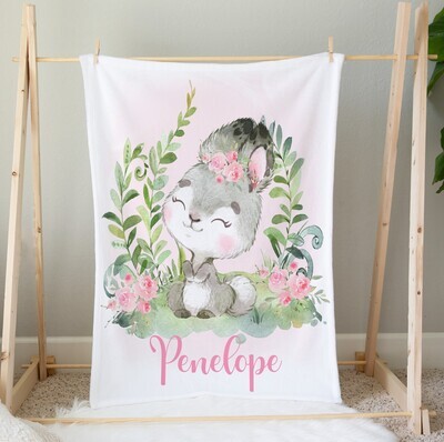 Personalized Baby Girl Blanket Pink Floral Bunny Rabbit Blanket Girls Bedroom Throw Tummy Time Baby Shower Gift