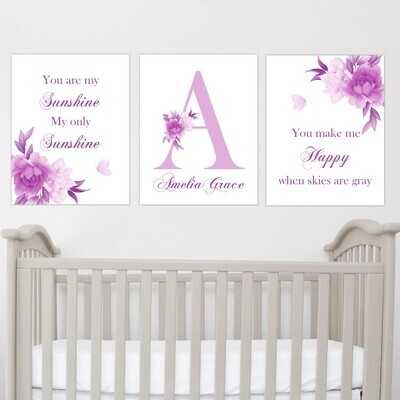 Personalized Floral Art Prints You Are My Sunshine Floral Prints Baby Girl Nursery Girl Bedroom Wall Decor Canvas Art Prints Custom Gift