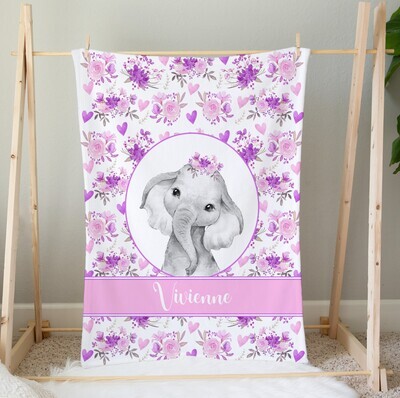 Baby Girl Blanket Purple Pink Floral Elephant Personalized Blanket Newborn Baby Shower Gift Minky Blanket Fleece Blanket Sherpa Baby Blanket