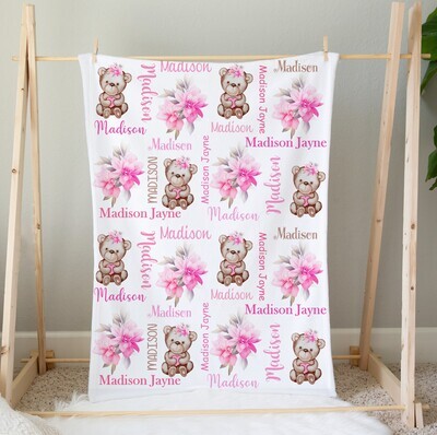 Pink Teddy Bear Personalized Baby Girl Blanket Newborn Baby Shower Gift Minky Blanket Fleece Blanket Sherpa Baby Blanket
