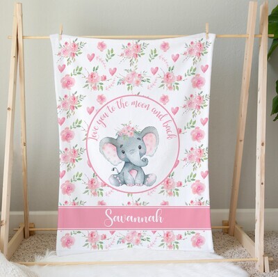 Baby Girl Blanket Pink Floral Elephant Personalized Blanket Newborn Baby Shower Gift Minky Blanket Fleece Blanket Sherpa Baby Blanket