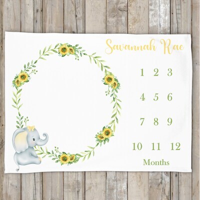 Sunflower Elephant Milestone Baby Girl Blanket Personalized Floral Baby Blanket New Baby Shower Gift Baby Photo Op Backdrop