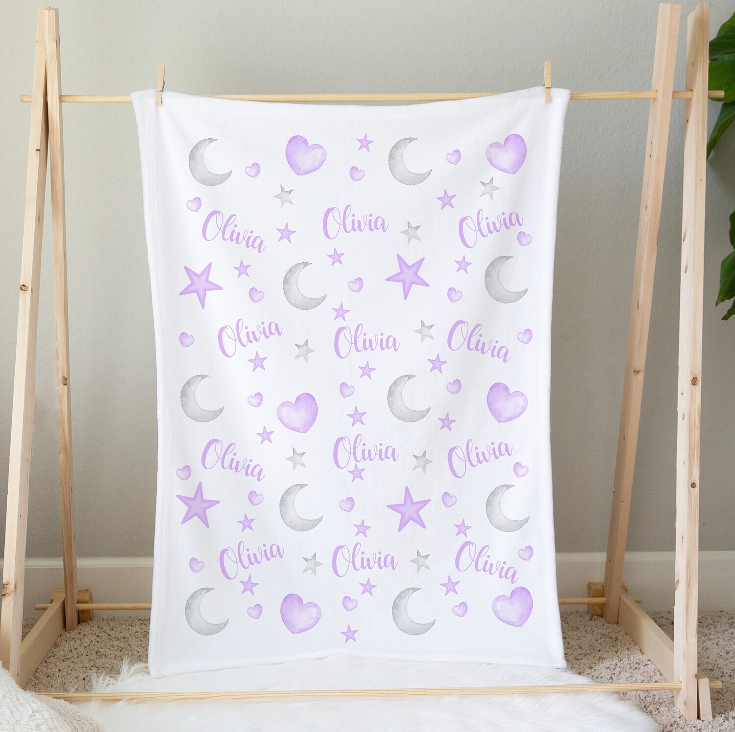 Personalized Baby Girl Blanket Purple Hearts Moon Baby Nursery Blanket Crib Bedding New Baby Shower Gift