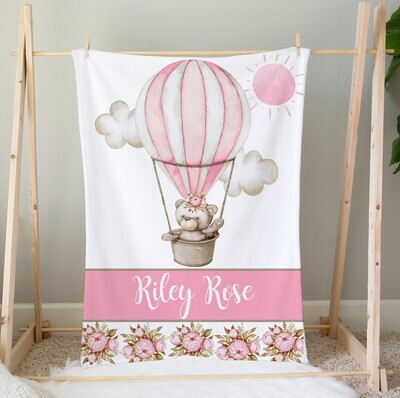Personalized Baby Girl Blanket Pink Teddy Bear Balloons Nursery Decor New Baby Shower Gift Crib Blanket