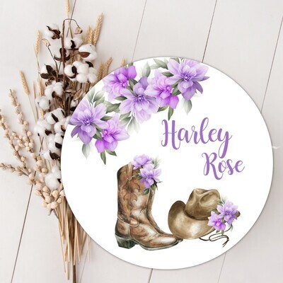 Baby Girl Name Sign, Purple Floral Western Cowgirl Boots Hat Baby Sign, Custom Baby Name Sign, Birth Announcement Sign, Wood Wall Decor, Baby Nursery Decor Baby Gift Fresh 48