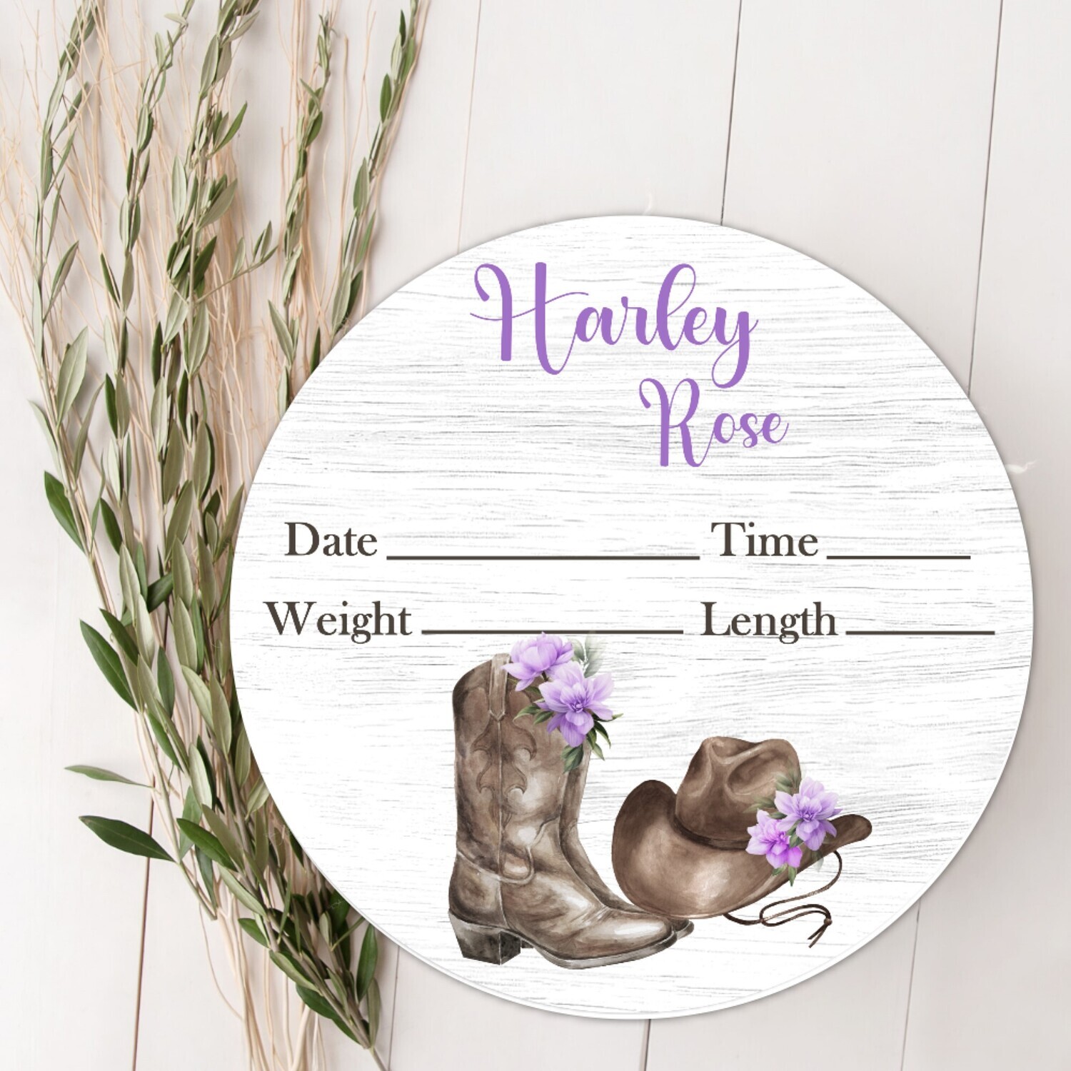 Purple Floral Cowgirl Birth Stat Name Sign, Western Boots Hat Baby Sign, Fresh 48 Custom Baby Name Sign, Birth Announcement Sign, Custom Baby Nursery Decor Baby Gift