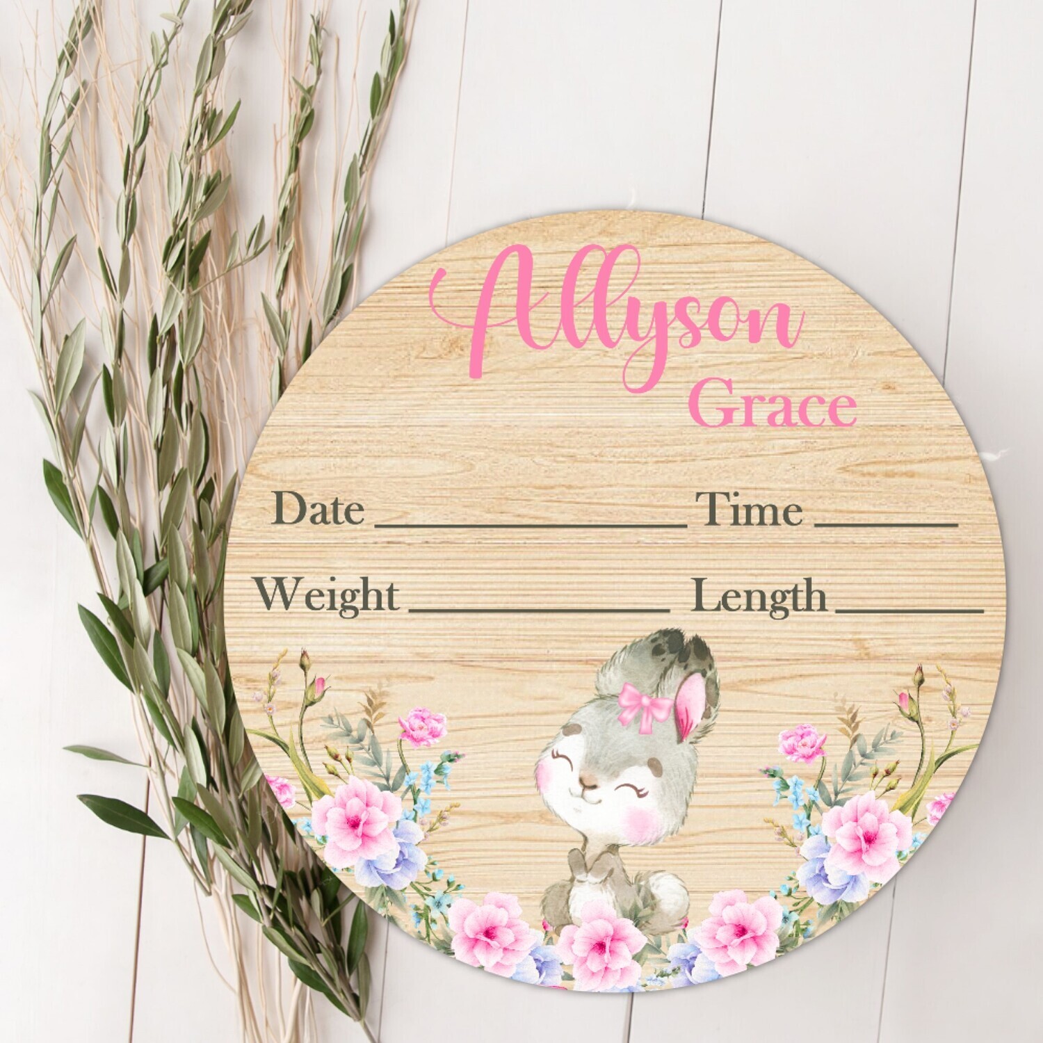 Pink Floral Bunny Baby Girl Birth Stat Name Sign, Personalized Baby Plaque, Fresh 48 Custom Baby Name Sign, Birth Announcement Sign, Custom Baby Nursery Decor Baby Gift