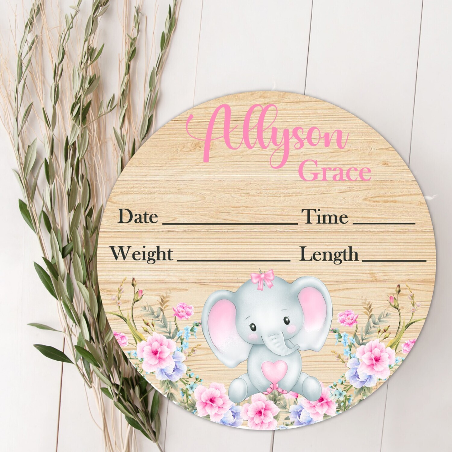 Pink Floral Elephant Baby Girl Birth Stat Name Sign, Personalized Baby Plaque, Fresh 48 Custom Baby Name Sign, Birth Announcement Sign, Custom Baby Nursery Decor Baby Gift