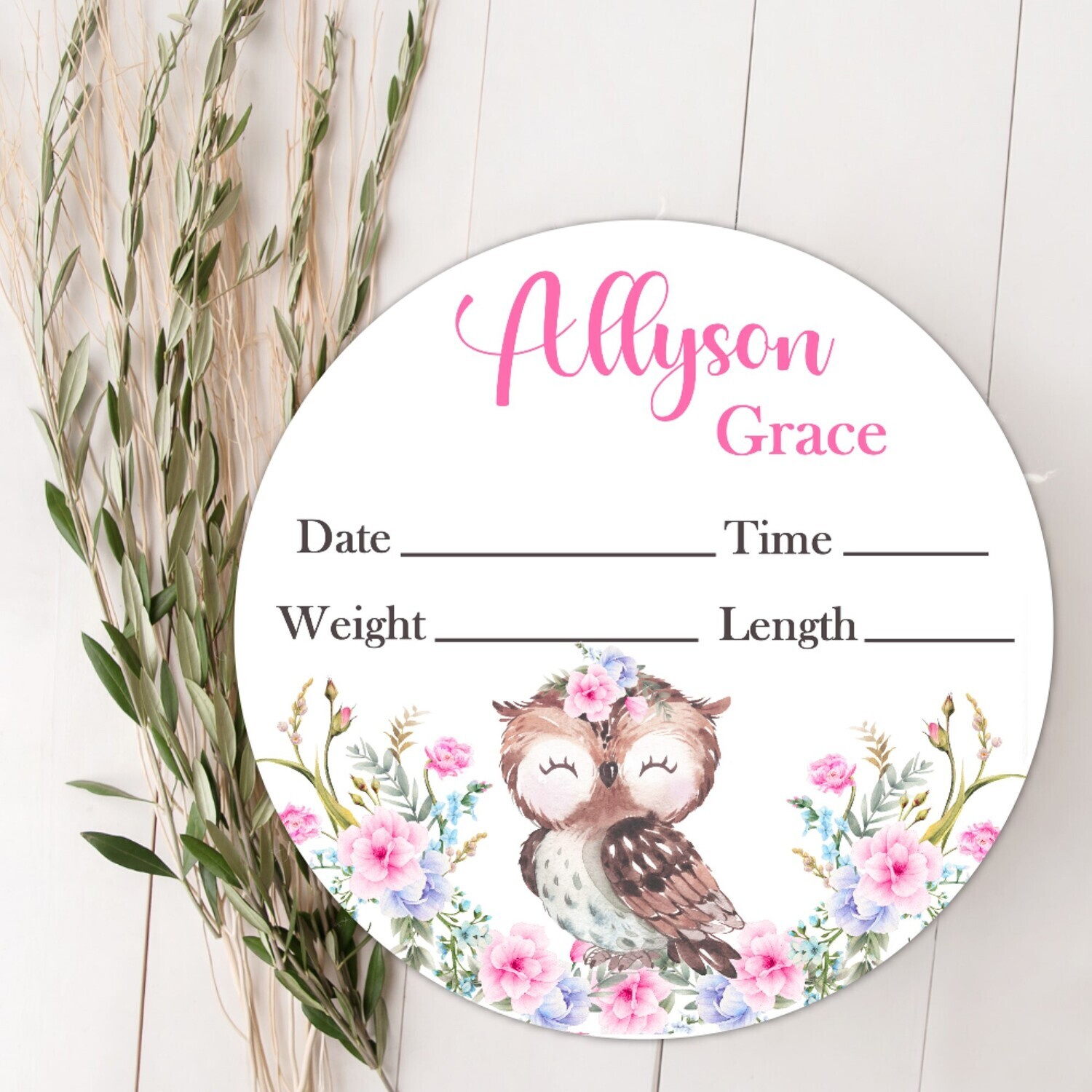 Pink Floral Owl Baby Girl Birth Stat Name Sign, Personalized Baby Plaque, Fresh 48 Custom Baby Name Sign, Birth Announcement Sign, Custom Baby Nursery Decor Baby Gift