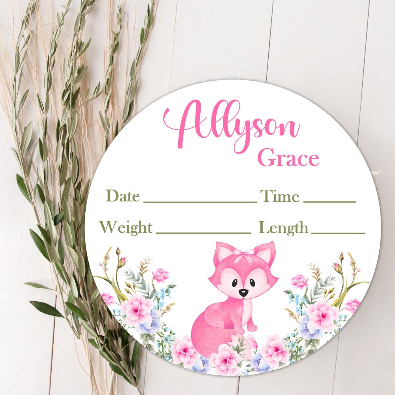 Pink Floral Fox Baby Girl Birth Stat Name Sign, Personalized Baby Plaque, Fresh 48 Custom Baby Name Sign, Birth Announcement Sign, Custom Baby Nursery Decor Baby Gift