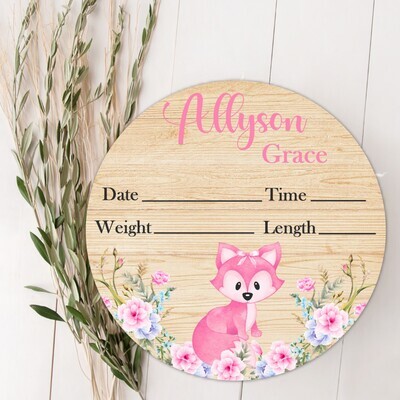 Pink Floral Fox Baby Girl Birth Stat Name Sign, Personalized Baby Plaque, Fresh 48 Custom Baby Name Sign, Birth Announcement Sign, Custom Baby Nursery Decor Baby Gift