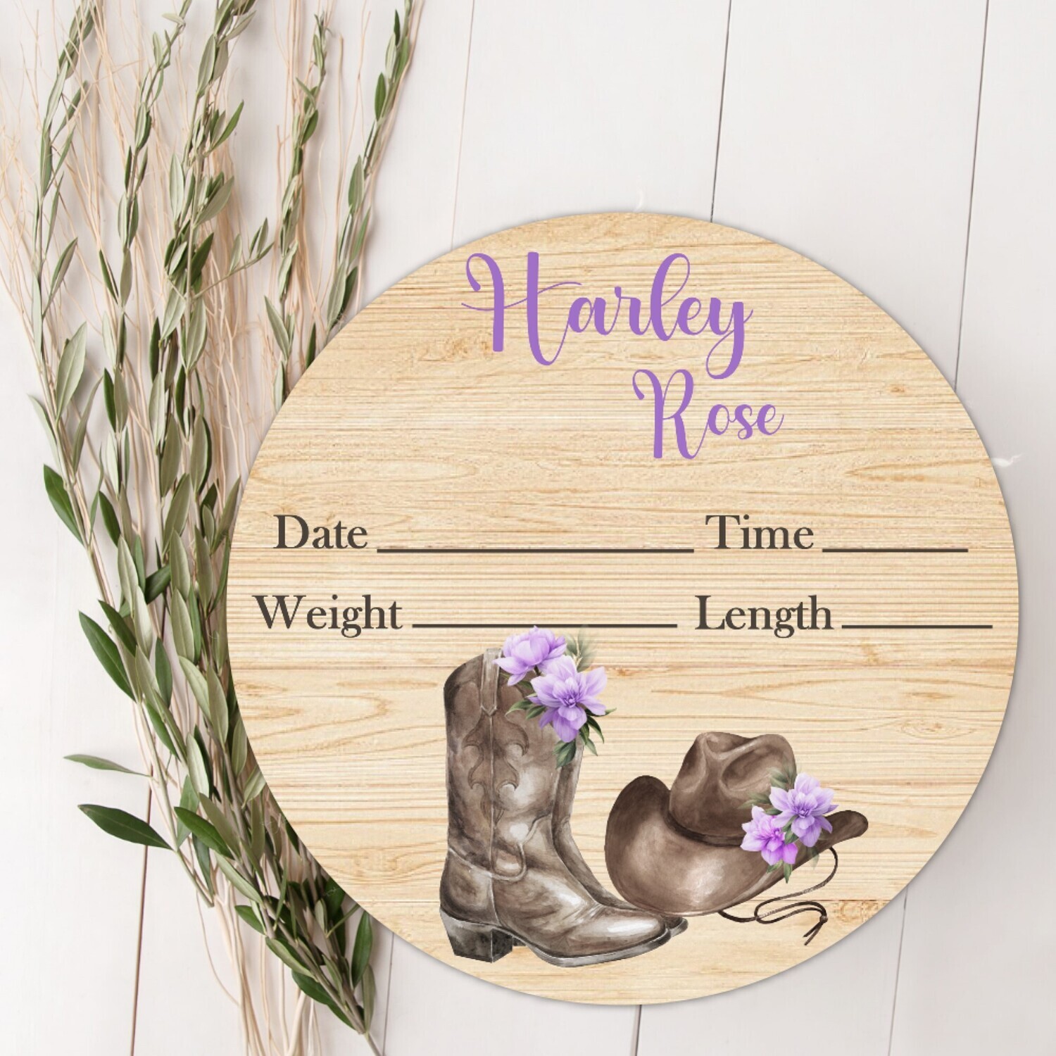 Purple Floral Cowgirl Baby Girl Birth Stat Name Sign, Personalized Baby Plaque, Fresh 48 Custom Baby Name Sign, Birth Announcement Sign, Custom Baby Nursery Decor Baby Gift