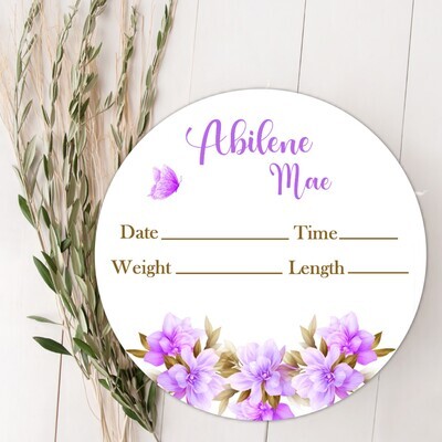 Purple Floral Baby Girl Birth Stat Name Sign, Personalized Baby Plaque, Fresh 48 Custom Baby Name Sign, Birth Announcement Sign, Custom Baby Nursery Decor Baby Gift