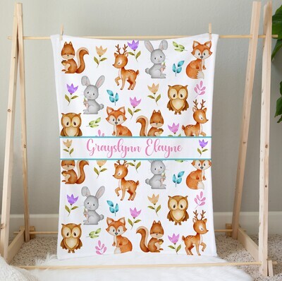 Woodland Animals Baby Girl Personalized Blanket Custom Name Shower Gift Minky Blanket Fleece Blanket Sherpa Baby Blanket