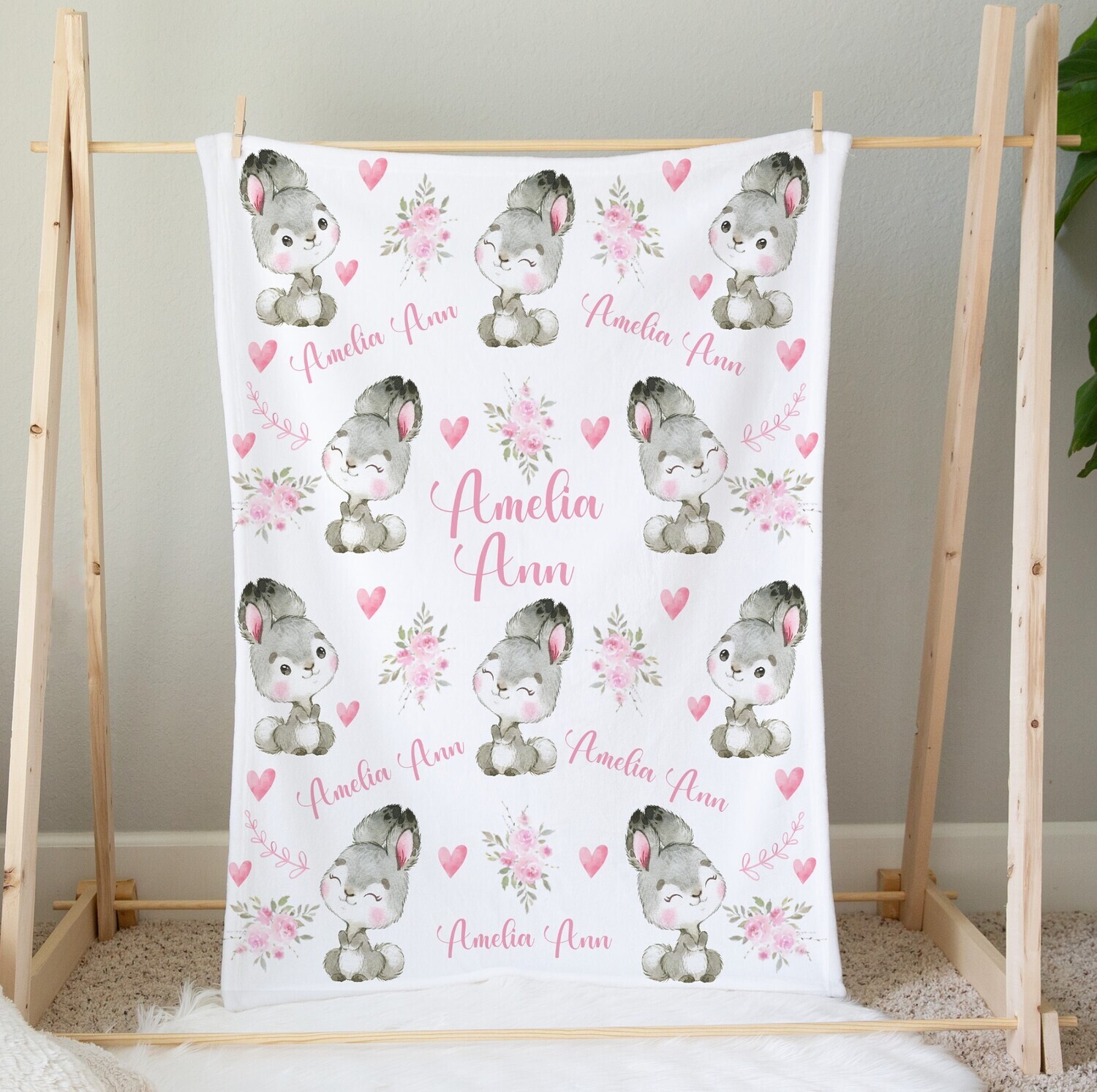 Pink Bunny Baby Girl Personalized Blanket Custom Name Shower Gift Minky Blanket Fleece Blanket Sherpa Baby Blanket