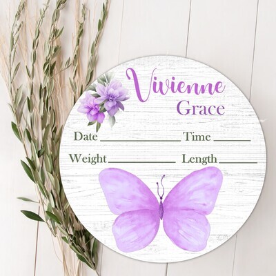 Purple Butterfly Baby Girl Birth Stat Name Sign, Personalized Baby Plaque, Fresh 48 Custom Baby Name Sign, Birth Announcement Sign, Custom Baby Nursery Decor Baby Gift