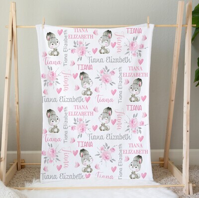 Pink Floral Bunny Baby Girl Personalized Blanket Custom Name Shower Gift Minky Blanket Fleece Blanket Sherpa Baby Blanket