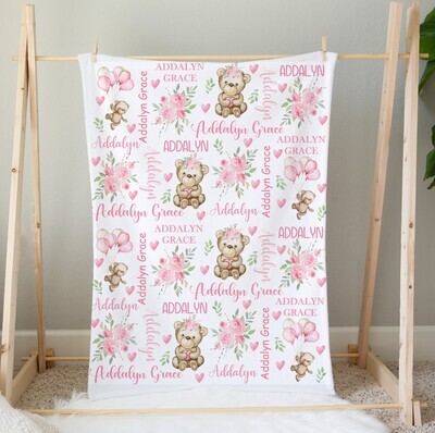 Pink Teddy Bear Baby Girl Personalized Blanket Custom Name Shower Gift Minky Blanket Fleece Blanket Sherpa Baby Blanket