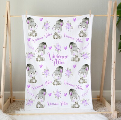 Purple Floral Safari Animals Baby Girl Personalized Blanket Custom Name Shower Gift Minky Blanket Fleece Blanket Sherpa Baby Blanket