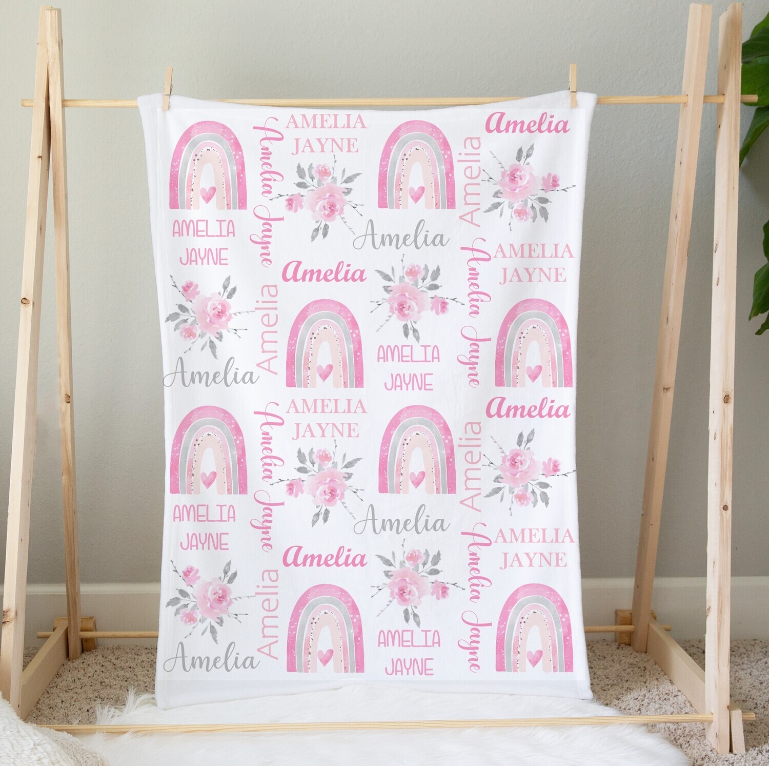 Pink Floral Rainbow Baby Girl Blanket Personalized Custom Name Blanket Shower Gift Custom Name Blanket Girl Bedroom Nursery Throw Tummy Time