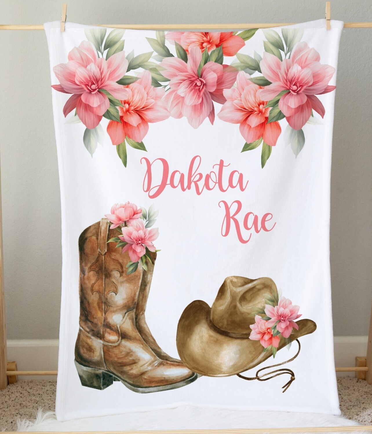 Pink Floral Western Cowgirl Baby Girl Cowgirl Personalized Blanket Custom Name Cowboy Boots Hat Shower Gift Minky Blanket Fleece Blanket Sherpa Baby Blanket