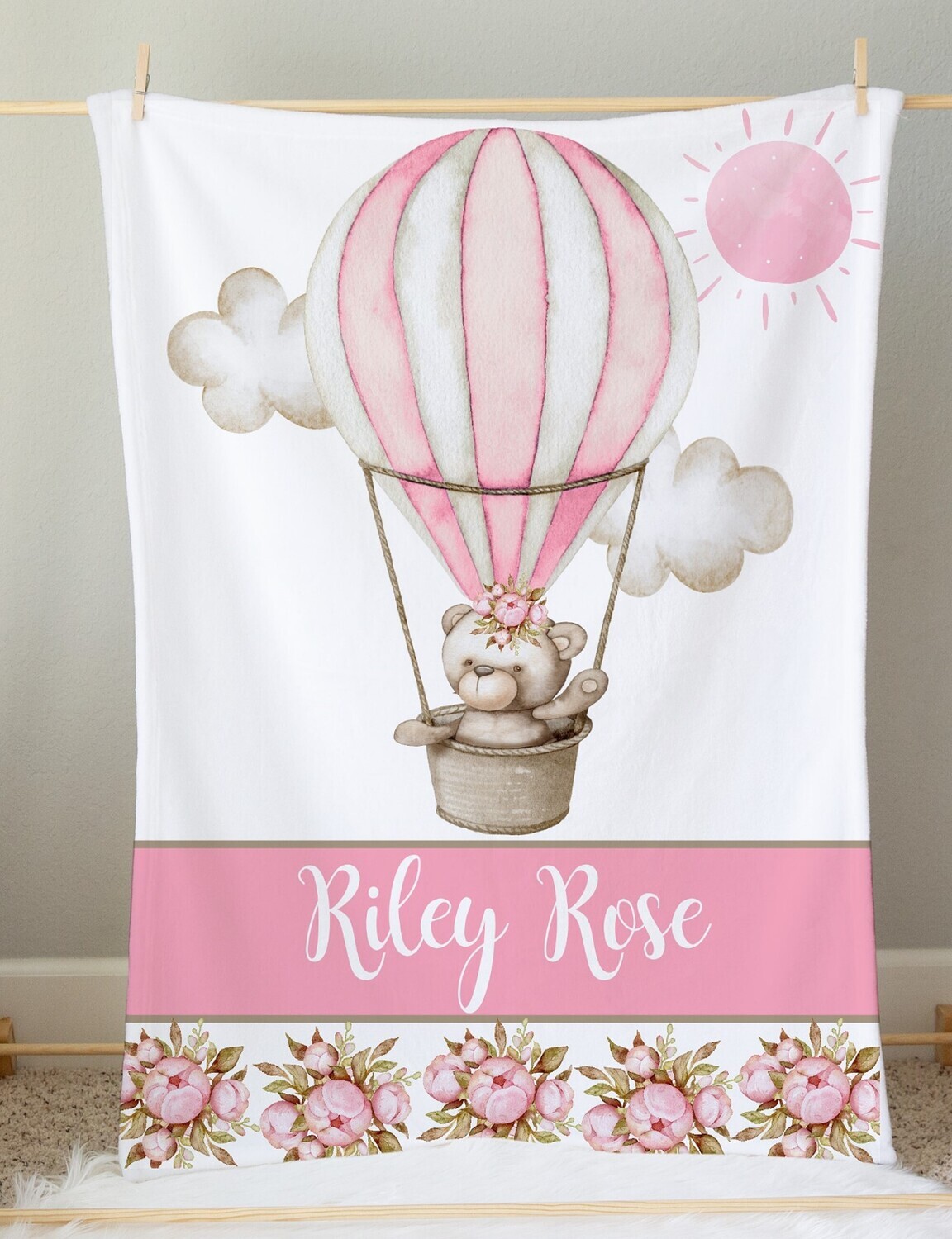 Personalized Baby Girl Blanket Pink Teddy Bear Balloons Nursery Decor New Baby Shower Gift Crib Blanket