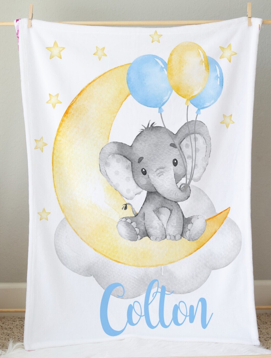 Personalized Baby Boy Blanket Blue Yellow Elephant Baby Nursery Decor Shower Gift